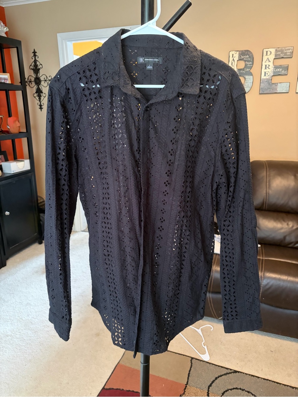 INC International Concepts Black Eyelet Cotton Button Down Tunic Blouse L